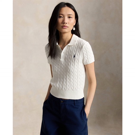 Polo Ralph Lauren Cable-Knit Cropped Polo Shirt, Hvid